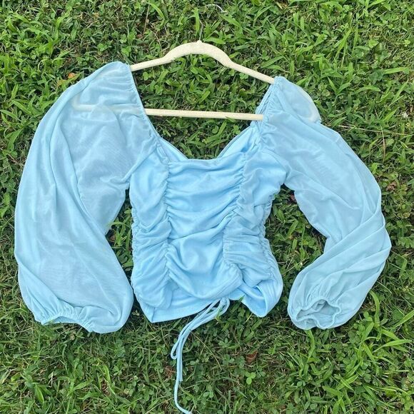 Robertson + Rodeo Blue Cinched Puff Sleeve Top | M - Picture 4 of 5